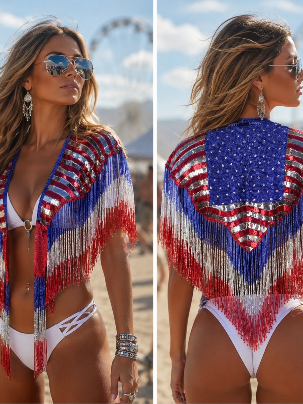 Nu Shuz Key West 250 Year Celebration Red White Blue Sequin Beads Fringe Capelet
